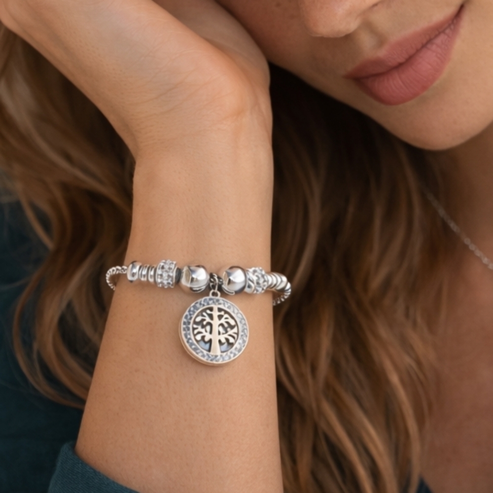 18K White Gold Plated Tree Of Life Cubic Zirconia Talisman Bolo Slider Bracelet
